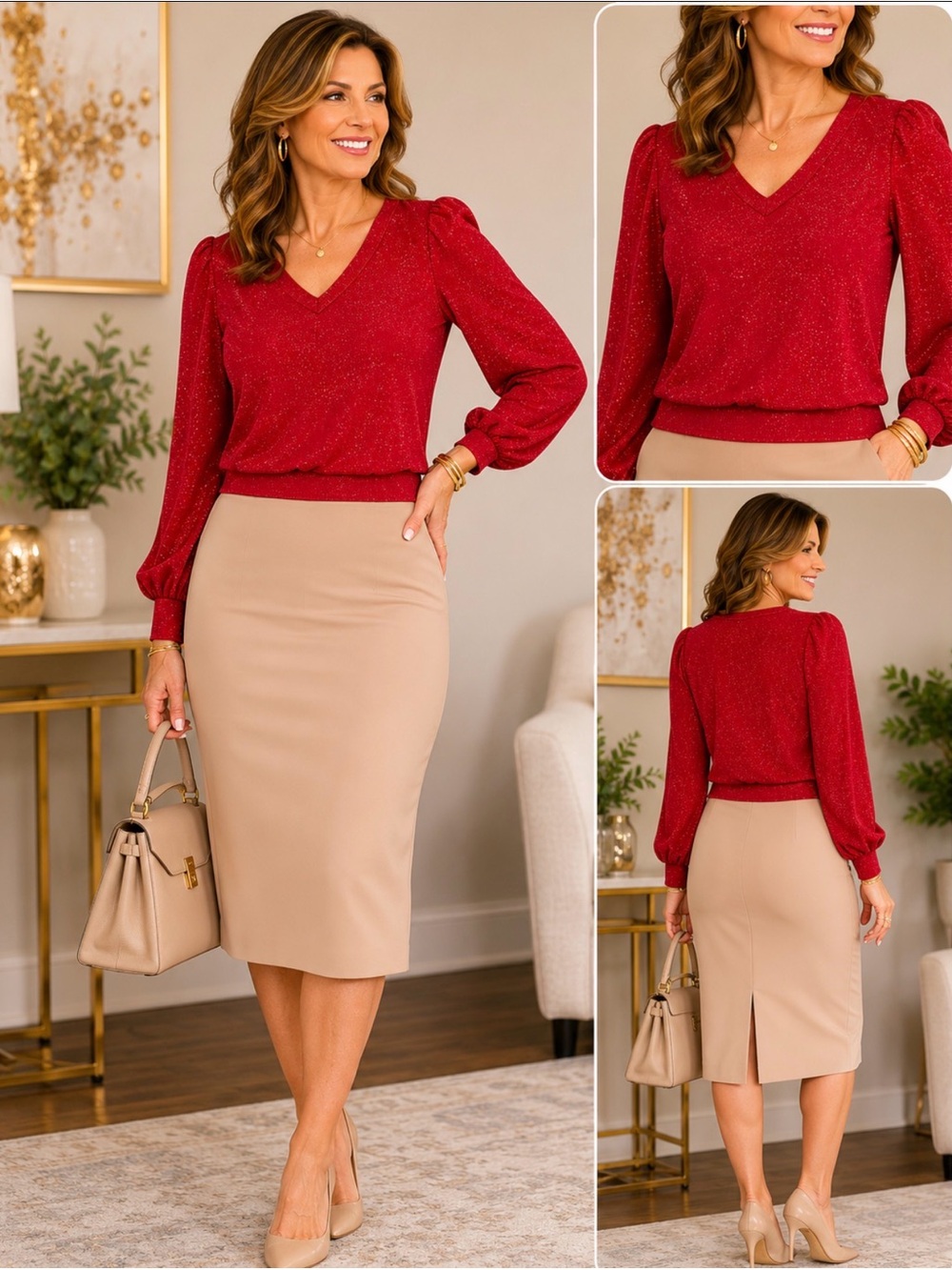 V-Neck Red Long-Sleeve Women's Skirt Outfit